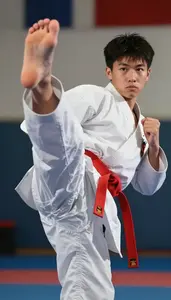 Karate Senior Karateka Wearing Red Belt Focused Sparring