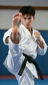 Karate Senior Karateka Wearing Gi Powerful Striking Front
