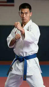 Karate Specialist Wearing Blue Belt Powerful Striking Elbow