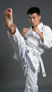 Karate Specialist Wearing White Belt Precise Kicking Punch