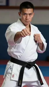 Karate Specialist Wearing Black Belt Focused Punching Punch