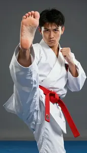 Karate Specialist Wearing Red Belt Determined Punching Front