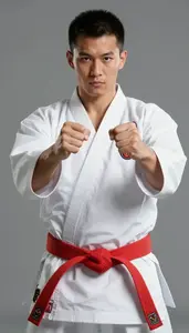 Karate Specialist Wearing Red Belt Determined Blocking Block