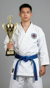 Karate Specialist Wearing Blue Belt Standing With Pride