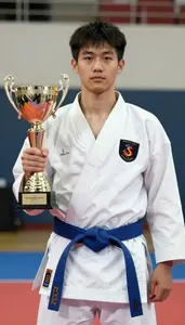 Karate Specialist Wearing Blue Belt Celebrating Holding