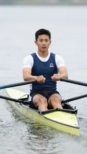 Rowing Coxswain Wearing Life Vest Focused Catching Power