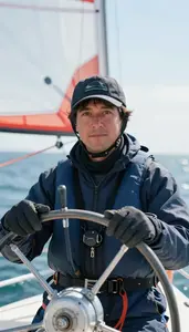 Sailing Navigator Wearing Gloves Focused Steering Wind