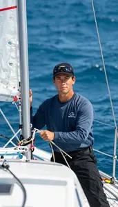 Sailing Skipper Wearing Sailing Shirt Powerful Rigging Line