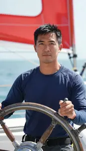 Sailing Skipper Wearing Sailing Shirt Determined Rigging