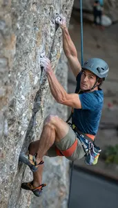 Sport Climbing Lead Climber Wearing Climbing Shoes Focused
