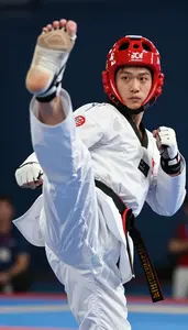 Taekwondo Heavy Athlete Wearing Red Belt Dynamic Punching