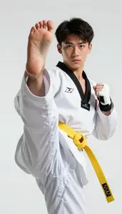 Taekwondo Light Athlete Wearing Yellow Belt Dynamic Blocking