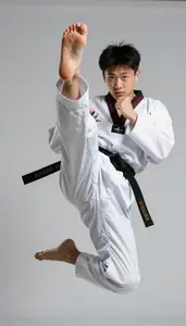 Taekwondo Specialist Wearing Dobok Explosive Kicking Jump