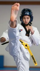 Taekwondo Specialist Wearing Yellow Belt Powerful Kicking