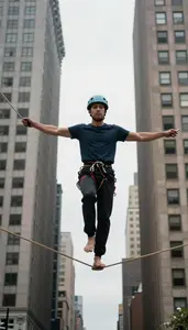 Tightrope Walker In Balance Bar And Bare Feet Crossing