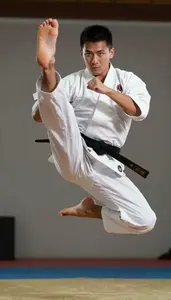 Wushu Sanda Fighter Wearing Sash Focused Jumping Leg Sweep