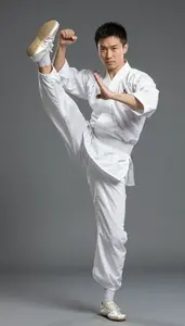 Wushu Sanda Fighter Wearing Silk Shoes Graceful Forms Leg