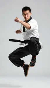Wushu Shaolin Practitioner Wearing Silk Shoes Powerful