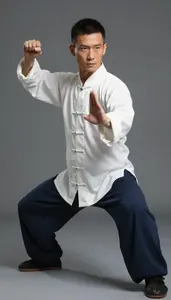 Wushu Tai Chi Practitioner Wearing Traditional Costume Quick