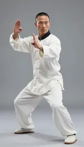 Wushu Tai Chi Practitioner Wearing Uniform Quick Spinning