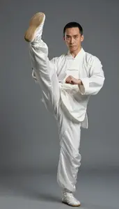 Wushu Tai Chi Practitioner Wearing Silk Shoes Precise