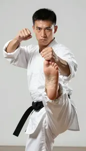 Wushu Wing Chun Practitioner Wearing Uniform Powerful