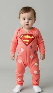 Baby Boy Super Hero Bright Coral Jumpsuit With A Pattern Of