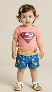 Baby Girl Superhero Coral Sparkle Shirt With Golden Sash And