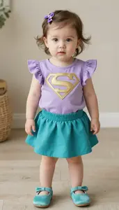 Baby Girl Superhero Lavender Ruffle Blouse With Golden