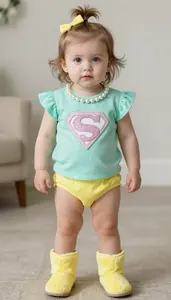 Baby Girl Superhero Mint Sparkle Top With Pearl Collar And