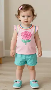 Baby Girl Superhero Rose Shimmer Tunic With Rainbow Piping