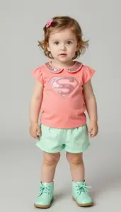 Baby Girl Superhero Soft Coral Blouse With Glitter Collar
