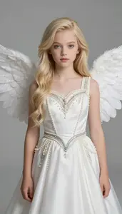 Girl Superhero Pearl White Silky Gown Silver Details Fair