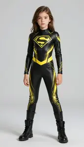 Girl Superhero Sleek Skintight Suit Of Black With Vibrant