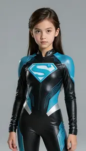 Girl Superhero Sleek Futuristic Black And Cyan Suit With