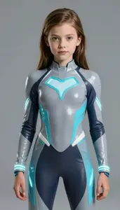 Girl Superhero Sleek Futuristic Grey And Cyan Suit With