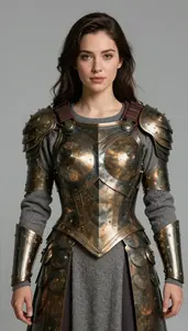 Woman Superhero Armor Of Layered Bronze Discs Like A Coat Of