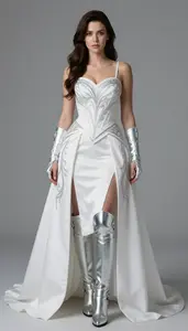 Woman Superhero Gown Of Pure White With Silver Thread