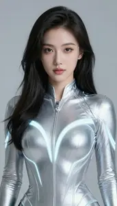 Woman Superhero Indigo And Silver Suit With Glowing Arc