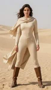 Woman Superhero Sand Colored Desert Suit With Scarf Drape