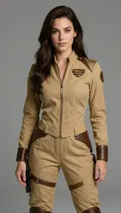 Woman Superhero She Wears A Practical Suit Of Tan Canvas