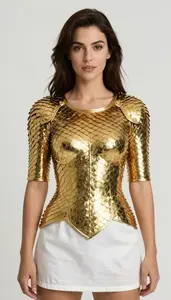 Woman Superhero Suit Of Gleaming Gold Scale Mail Worn Over A
