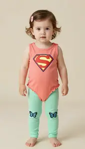 Baby Girl Superhero Coral Playsuit With A Scalloped Edge Hem