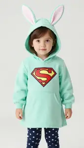 Baby Girl Superhero Mint Green Hoodie Dress With Bunny Ear