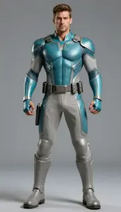 Male Superhero Muscular Male Warrior In Turquoise And Ash