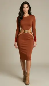 Woman Superhero Rust Brown Fitted Dress With Tan Geometric