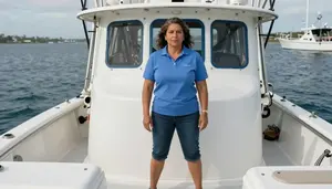 Female Fishing Boat Captain Stock Photo