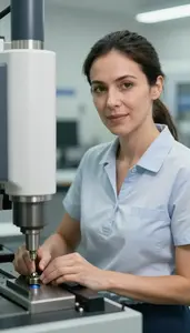 Female Plastic Thread Milling Machine Setup Operator Portrait Stock Photo