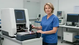 Female Ultrasonic Welding Machine Operator Professional Stock Image