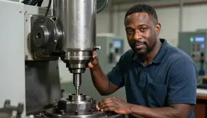 Male Metal Rotary Head Milling Machine Setup Operator Professional Stock Image